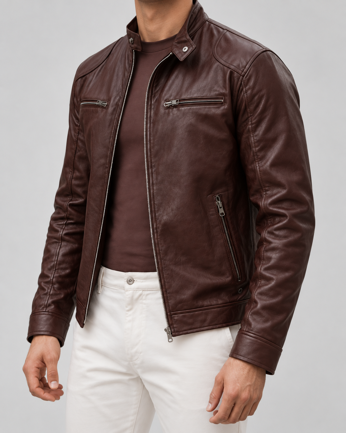 Men's Leather Cafe Racer Jacket - Stand Collar Zip Front Hip Length
