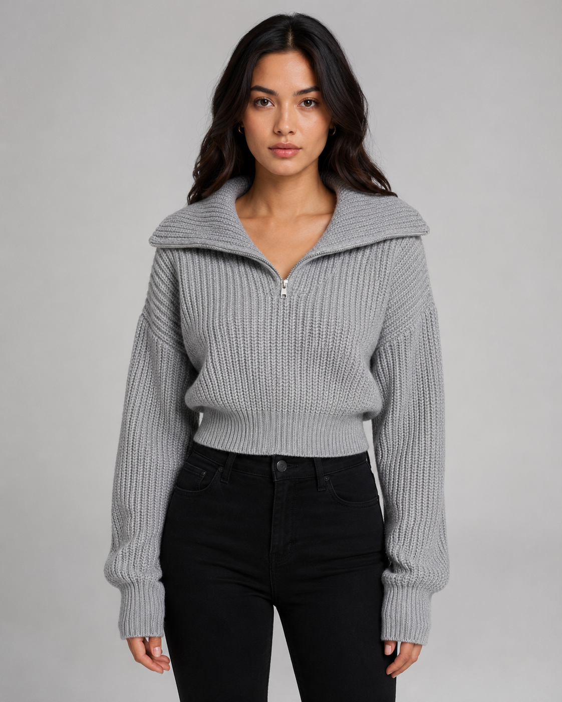 Women's Half-Zip Ribbed Knit Sweater - Cropped Funnel Neck