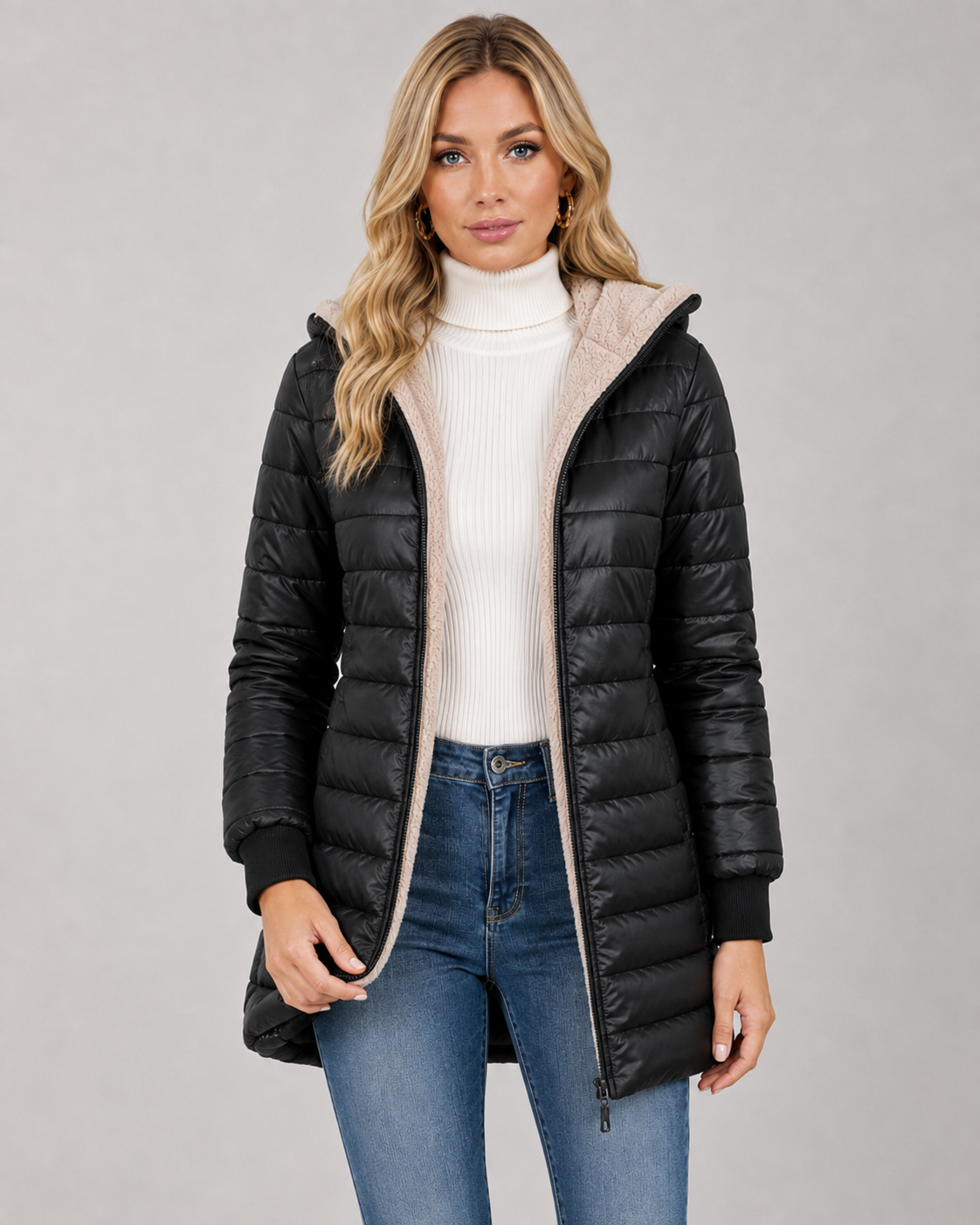 Women's Hooded Quilted Puffer Jacket - Plush-Lined Mid-Thigh