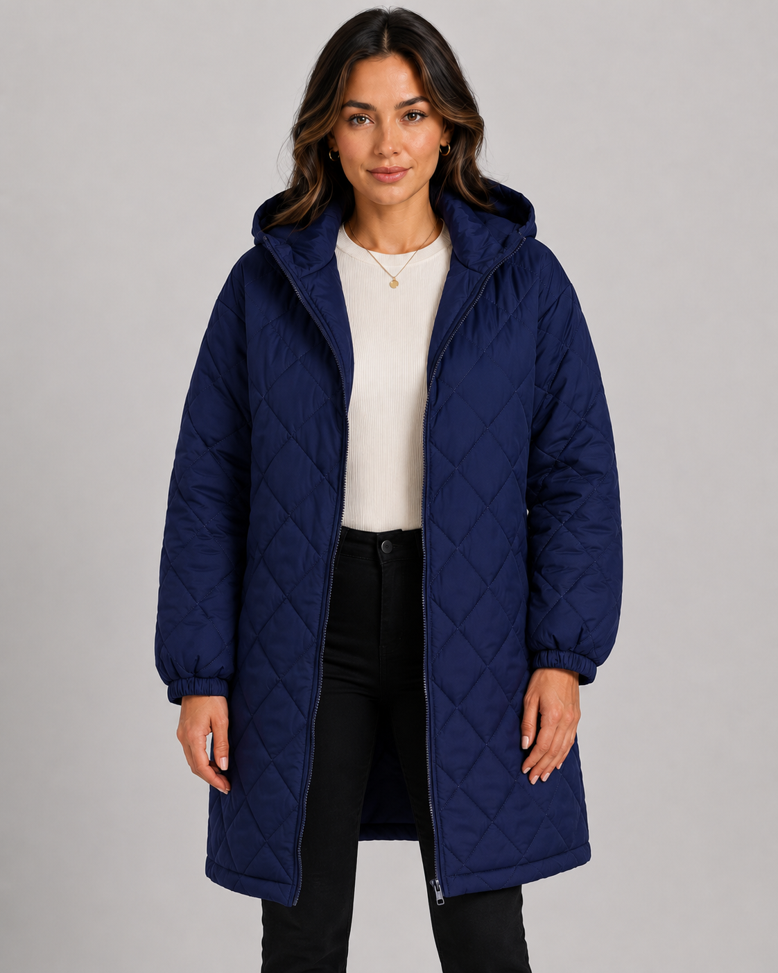 Women's Long Quilted Hooded Puffer Coat - Zip Front Relaxed Fit