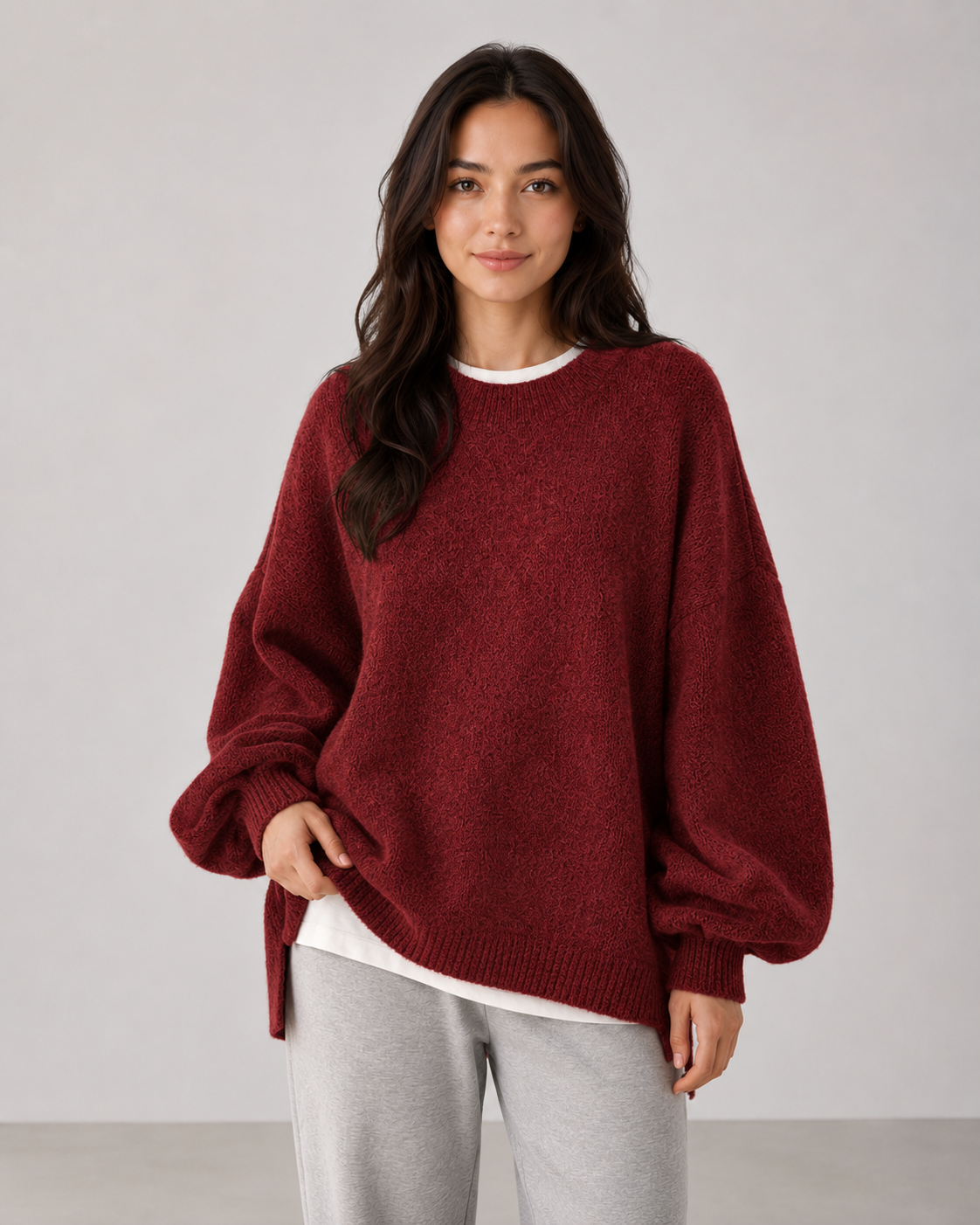 Women's Oversized Knit Sweater – Balloon Sleeve Crew Neck Relaxed Fit