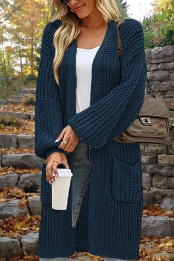 Length Loose Oversized Double Pocket Cardigan Sweater Jacket