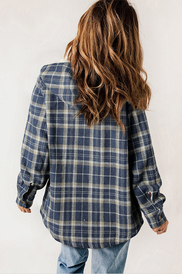 Button Sherpa Lined Hooded Flannel Jacket