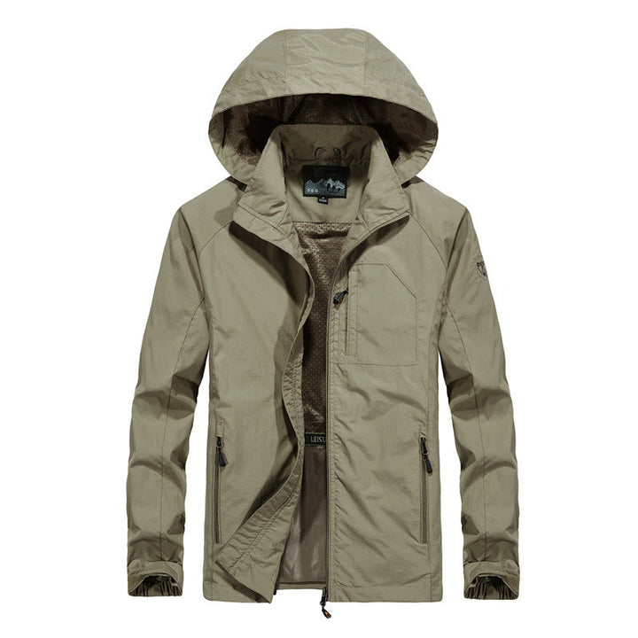 Men's Ultralight Wind and Water Repellent Outdoor Jacket with Stowable Hood and Breathable Mesh Lining