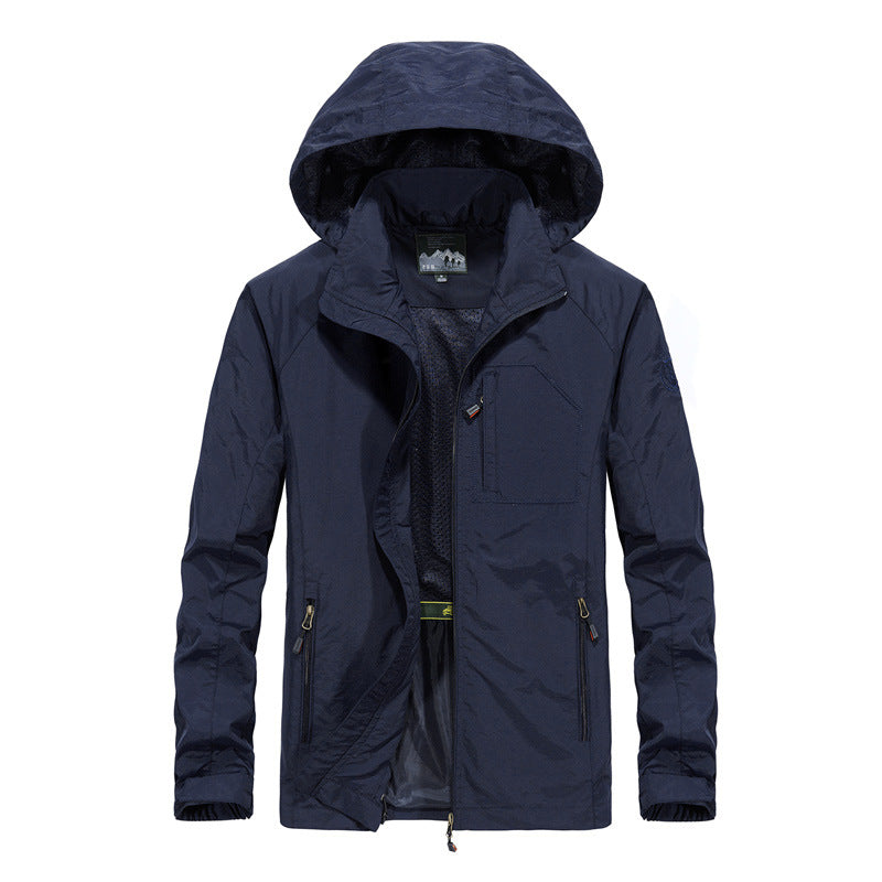 Men's Ultralight Wind and Water Repellent Outdoor Jacket with Stowable Hood and Breathable Mesh Lining