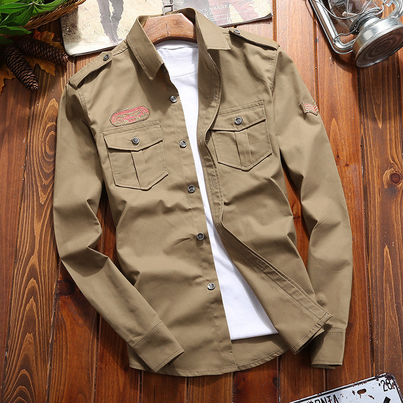 Men's Military Utility Shirt Jacket with Flap Pockets, Shoulder Epaulettes, and Subtle Patch Application
