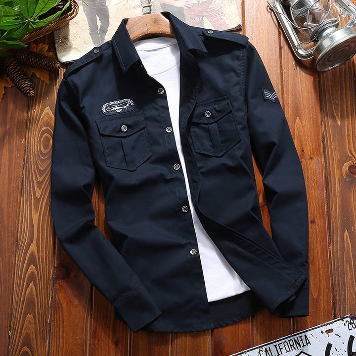 Men's Military Utility Shirt Jacket with Flap Pockets, Shoulder Epaulettes, and Subtle Patch Application