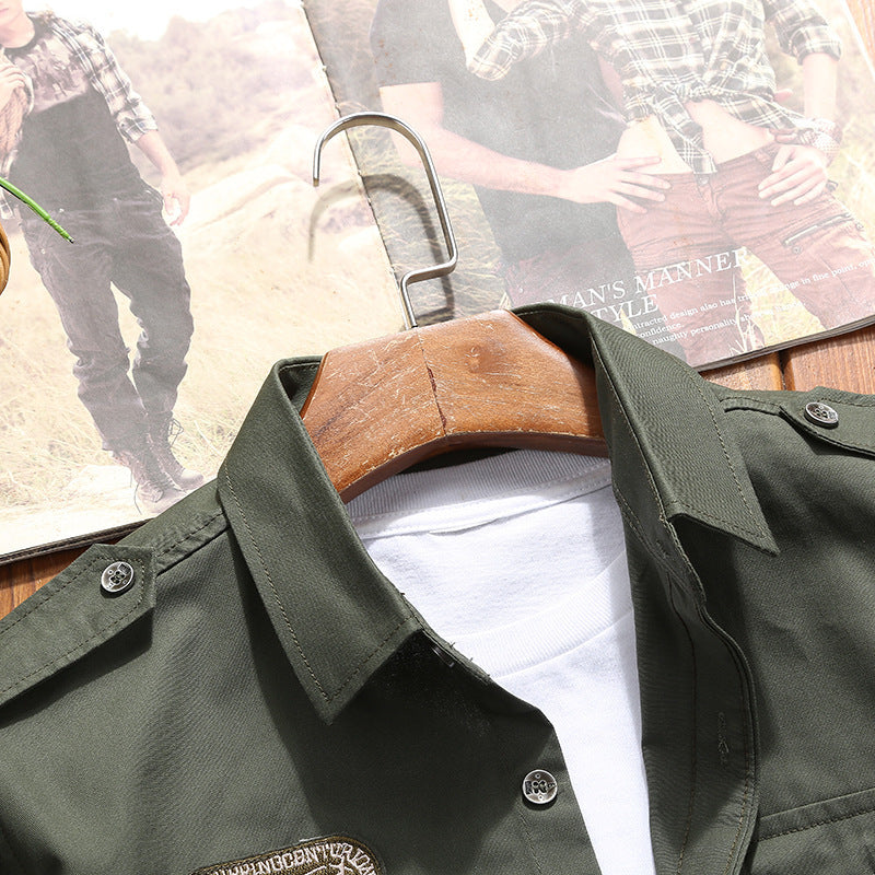 Men's Military Utility Shirt Jacket with Flap Pockets, Shoulder Epaulettes, and Subtle Patch Application