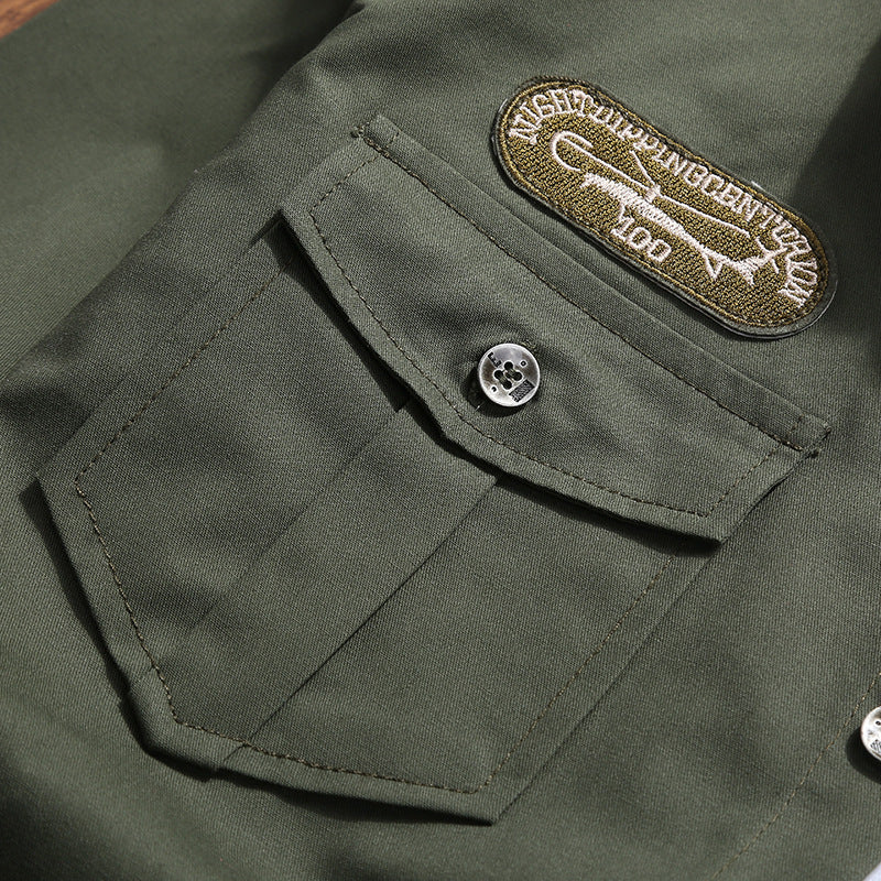 Men's Military Utility Shirt Jacket with Flap Pockets, Shoulder Epaulettes, and Subtle Patch Application