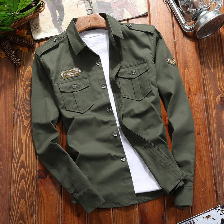 Men's Military Utility Shirt Jacket with Flap Pockets, Shoulder Epaulettes, and Subtle Patch Application