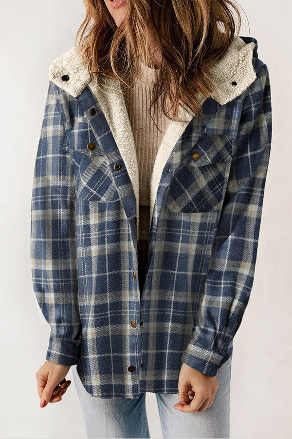 Button Sherpa Lined Hooded Flannel Jacket