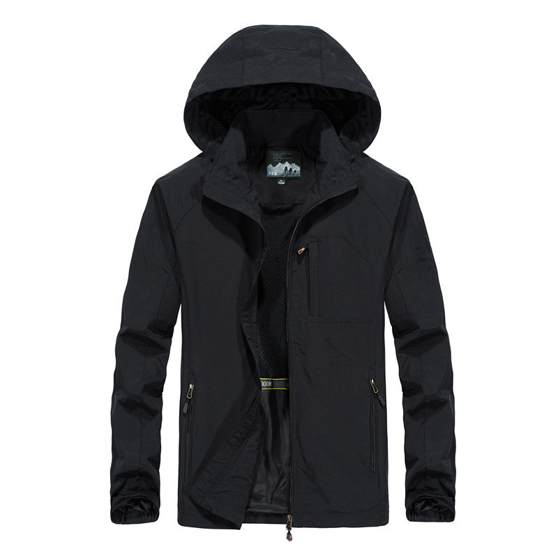 Men's Ultralight Wind and Water Repellent Outdoor Jacket with Stowable Hood and Breathable Mesh Lining