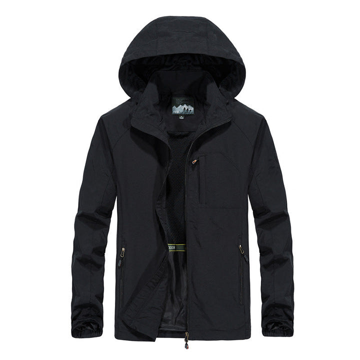 Men's Ultralight Wind and Water Repellent Outdoor Jacket with Stowable Hood and Breathable Mesh Lining