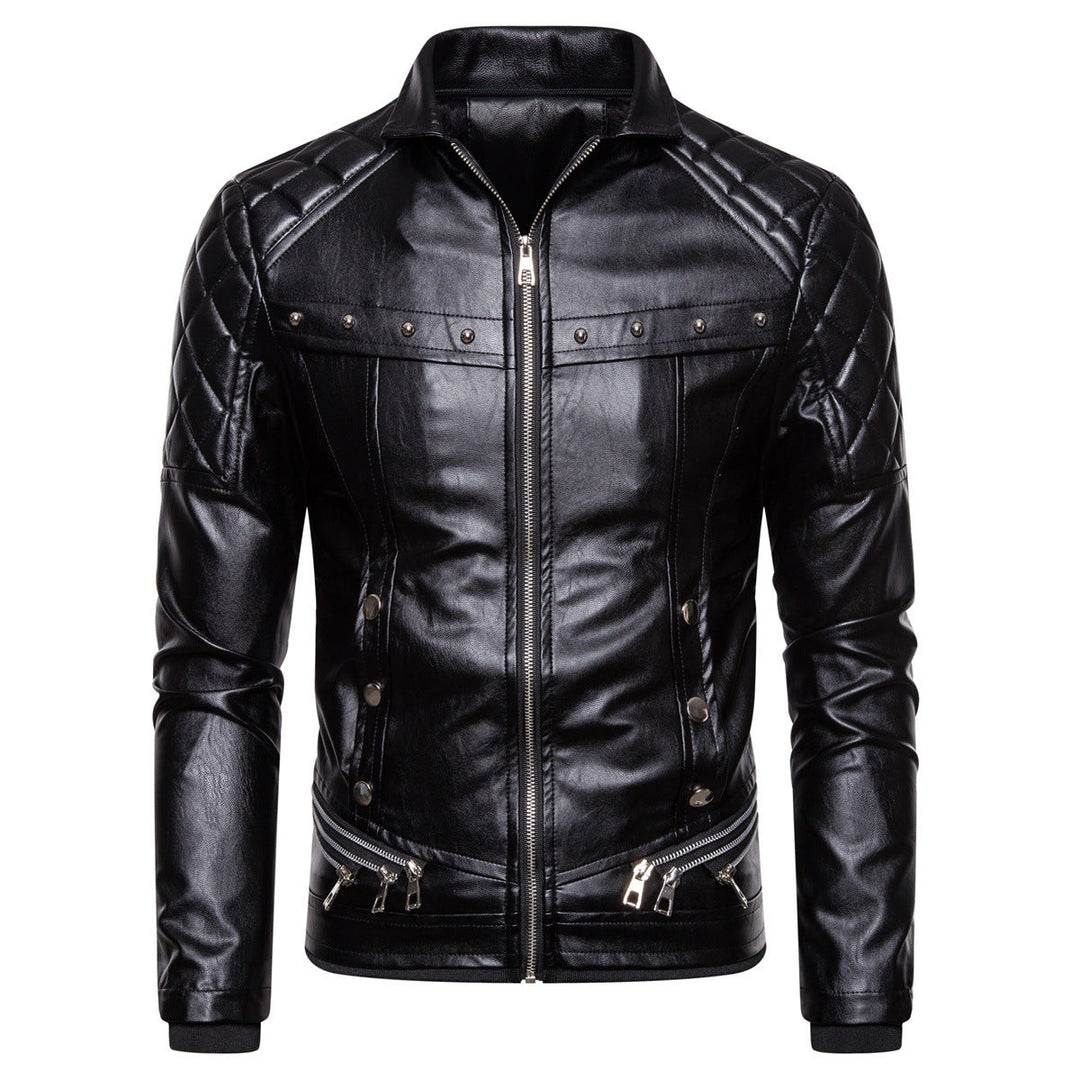 Men's Biker Leather Jacket in Vintage Look with Quilted Shoulder and Wide Faux Fur Collar