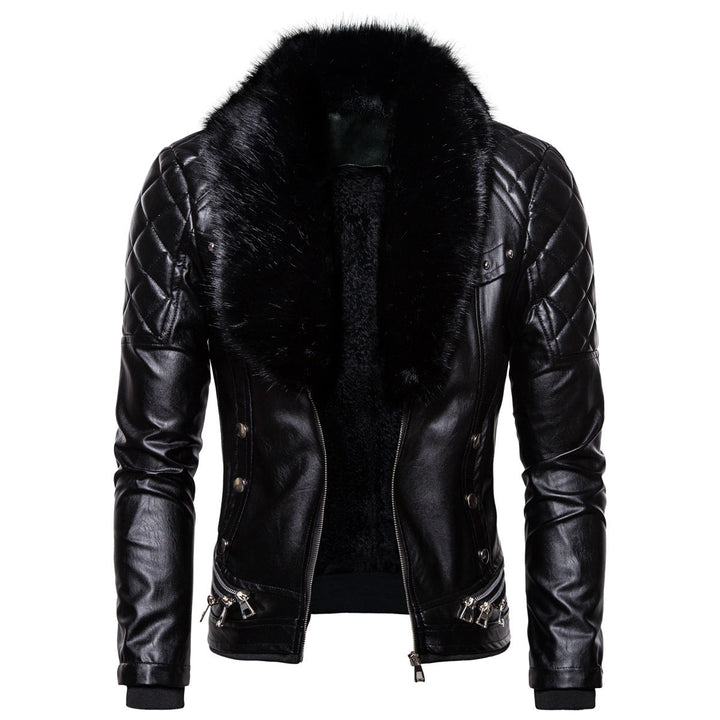 Men's Biker Leather Jacket in Vintage Look with Quilted Shoulder and Wide Faux Fur Collar