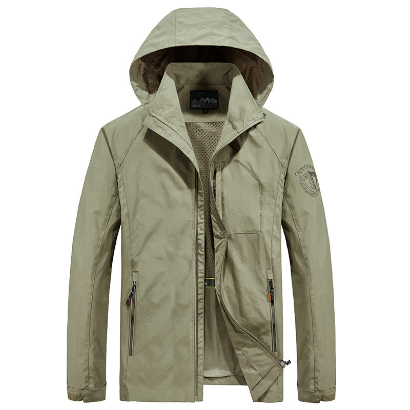 Men's Ultralight Wind and Water Repellent Outdoor Jacket with Stowable Hood and Breathable Mesh Lining