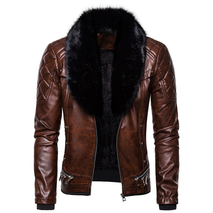 Men's Biker Leather Jacket in Vintage Look with Quilted Shoulder and Wide Faux Fur Collar