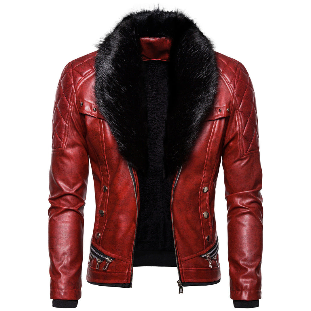 Men's Biker Leather Jacket in Vintage Look with Quilted Shoulder and Wide Faux Fur Collar