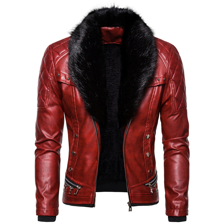 Men's Biker Leather Jacket in Vintage Look with Quilted Shoulder and Wide Faux Fur Collar