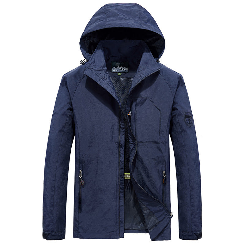 Men's Ultralight Wind and Water Repellent Outdoor Jacket with Stowable Hood and Breathable Mesh Lining