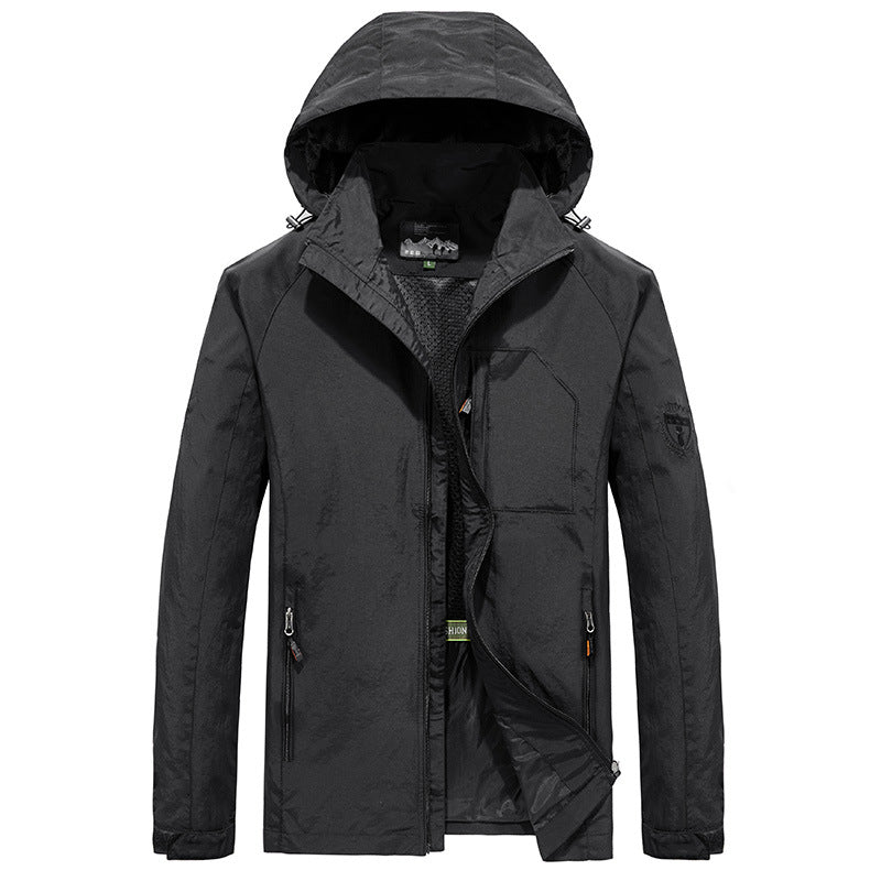 Men's Ultralight Wind and Water Repellent Outdoor Jacket with Stowable Hood and Breathable Mesh Lining