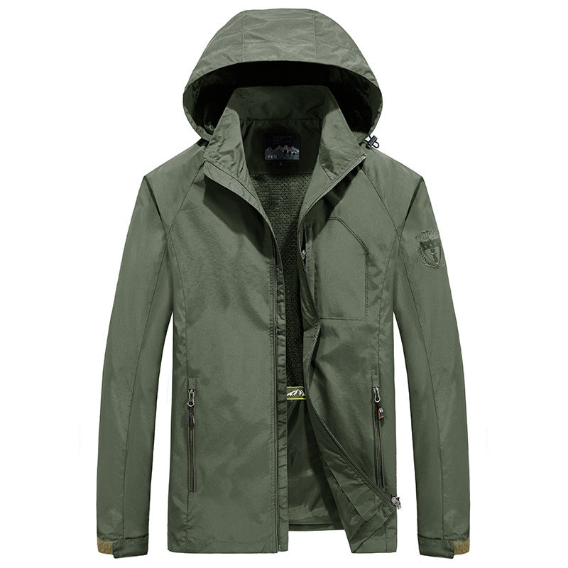 Men's Ultralight Wind and Water Repellent Outdoor Jacket with Stowable Hood and Breathable Mesh Lining