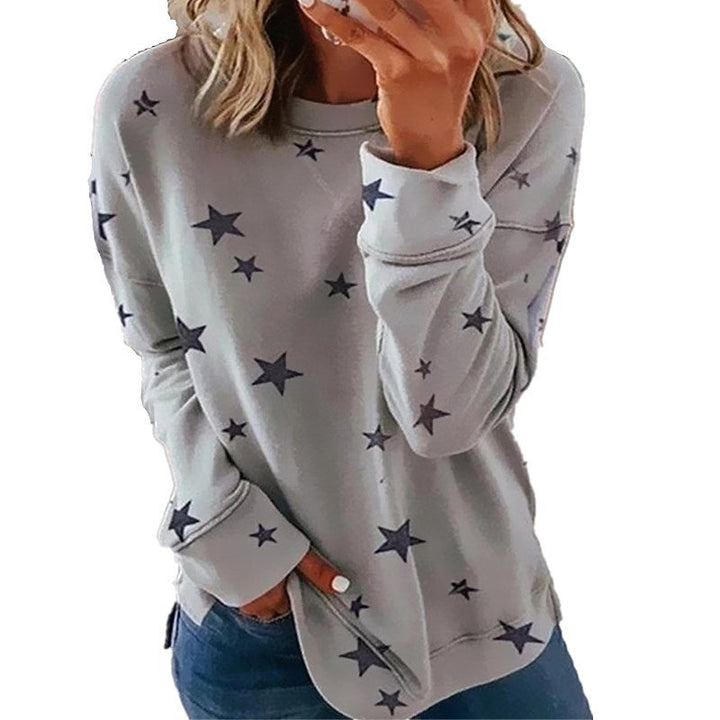 Women's Oversized Star Print Sweatshirt with Round Neck, Extended Back and Side Slits