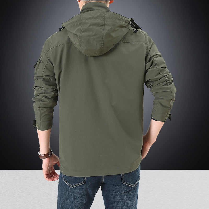 Men's Multifunctional Utility Field Jacket with Numerous Flap and Zippered Pockets as Well as D-ring
