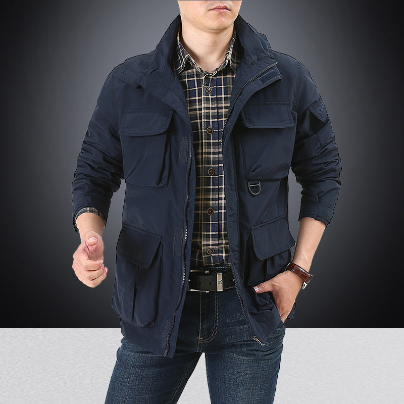 Men's Multifunctional Utility Field Jacket with Numerous Flap and Zippered Pockets as Well as D-ring