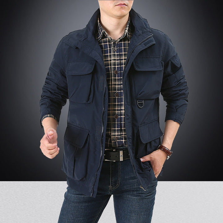 Men's Multifunctional Utility Field Jacket with Numerous Flap and Zippered Pockets as Well as D-ring