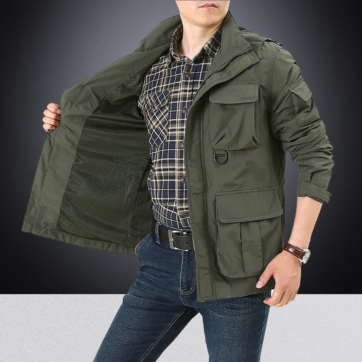 Men's Multifunctional Utility Field Jacket with Numerous Flap and Zippered Pockets as Well as D-ring
