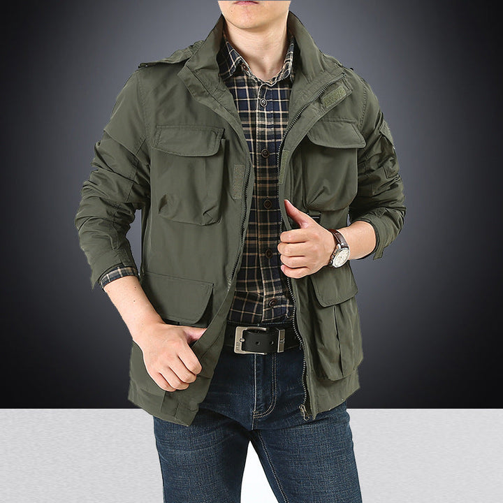 Men's Multifunctional Utility Field Jacket with Numerous Flap and Zippered Pockets as Well as D-ring