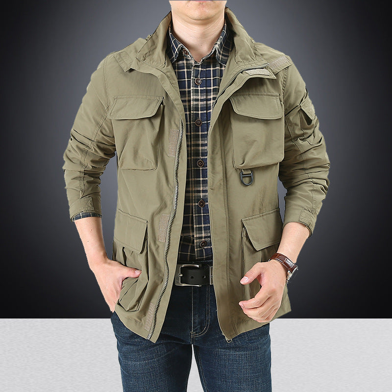 Men's Multifunctional Utility Field Jacket with Numerous Flap and Zippered Pockets as Well as D-ring