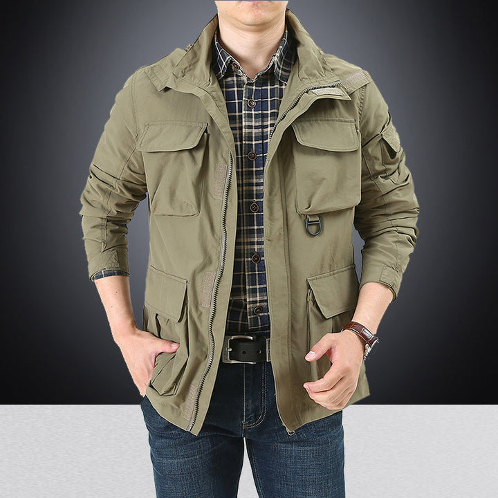 Men's Multifunctional Utility Field Jacket with Numerous Flap and Zippered Pockets as Well as D-ring