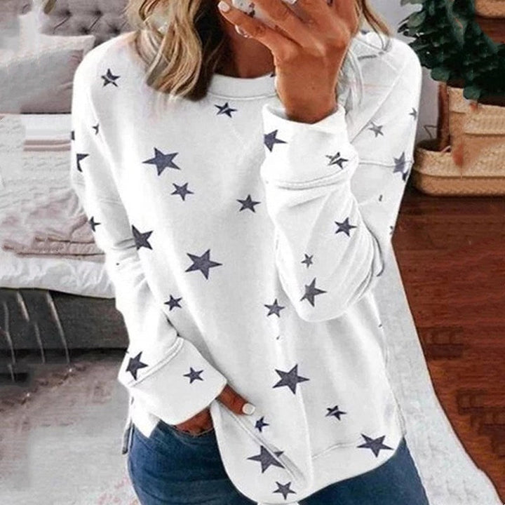 Women's Oversized Star Print Sweatshirt with Round Neck, Extended Back and Side Slits