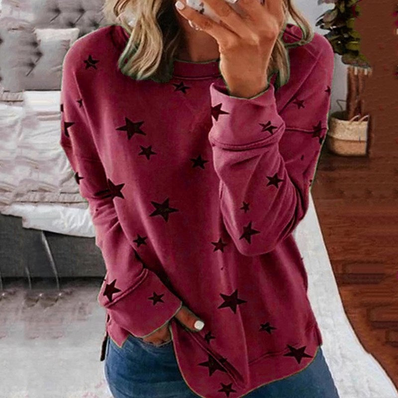 Women's Oversized Star Print Sweatshirt with Round Neck, Extended Back and Side Slits