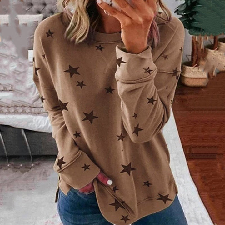 Women's Oversized Star Print Sweatshirt with Round Neck, Extended Back and Side Slits
