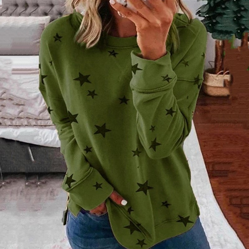Women's Oversized Star Print Sweatshirt with Round Neck, Extended Back and Side Slits