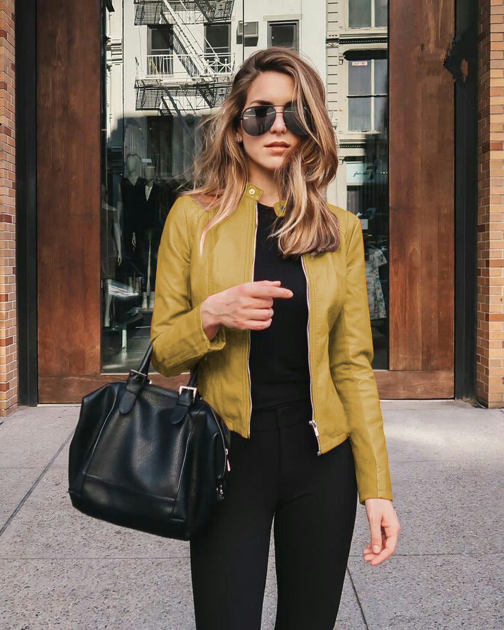 Women's Tailored Leather Jacket with Stand-up Collar and Concealed Zipper