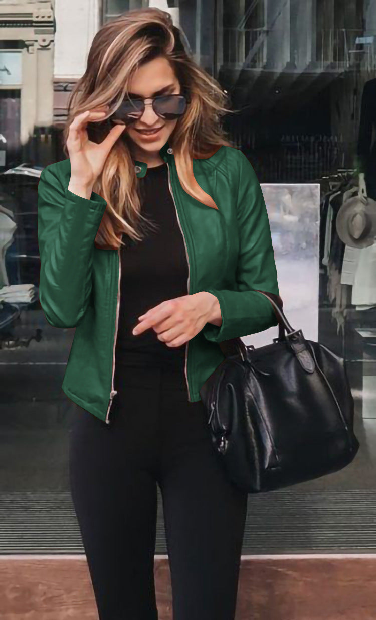 Women's Tailored Leather Jacket with Stand-up Collar and Concealed Zipper