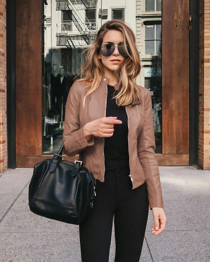 Women's Tailored Leather Jacket with Stand-up Collar and Concealed Zipper