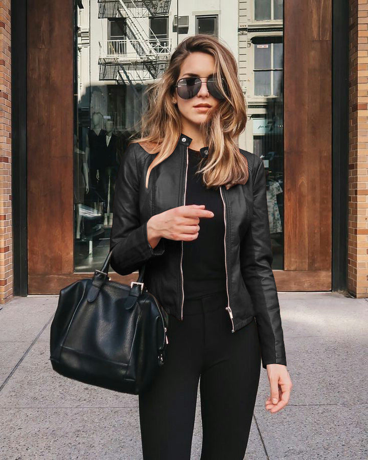 Women's Tailored Leather Jacket with Stand-up Collar and Concealed Zipper