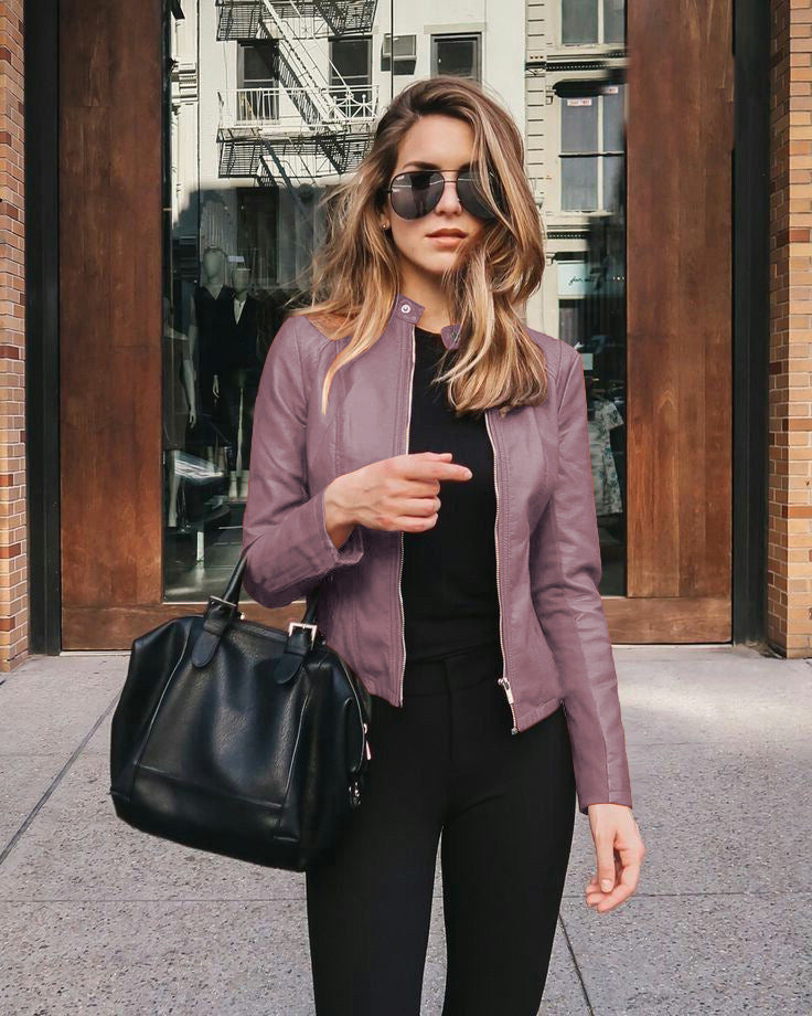 Women's Tailored Leather Jacket with Stand-up Collar and Concealed Zipper