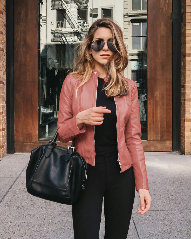 Women's Tailored Leather Jacket with Stand-up Collar and Concealed Zipper