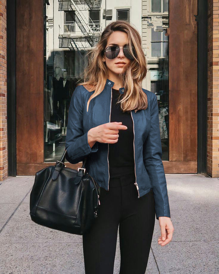 Women's Tailored Leather Jacket with Stand-up Collar and Concealed Zipper