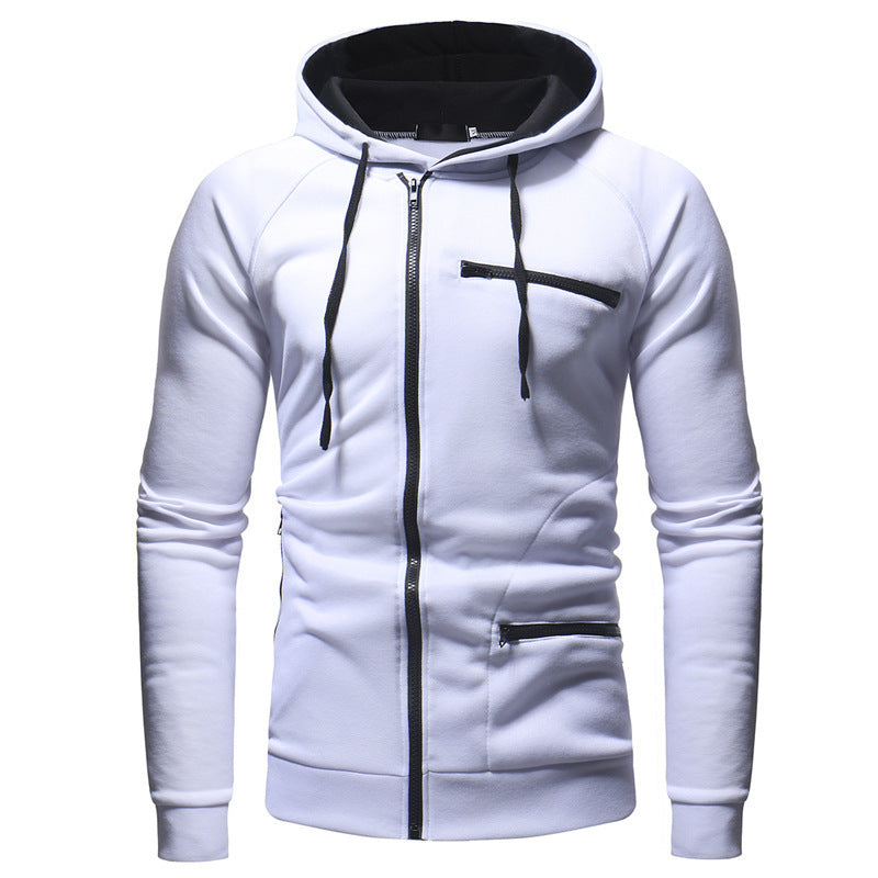 Men's Hooded Jacket with Asymmetrical Zipper and Multiple Zippered Pockets