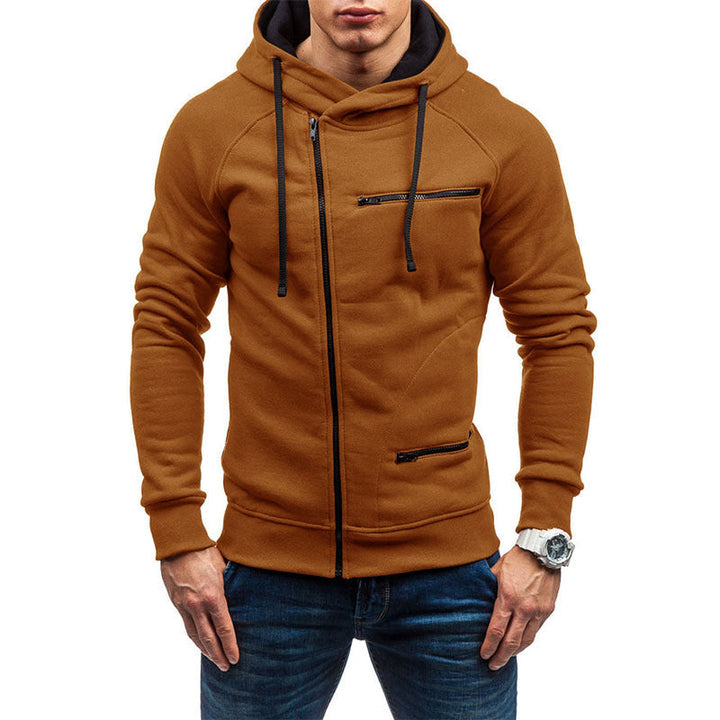 Men's Hooded Jacket with Asymmetrical Zipper and Multiple Zippered Pockets
