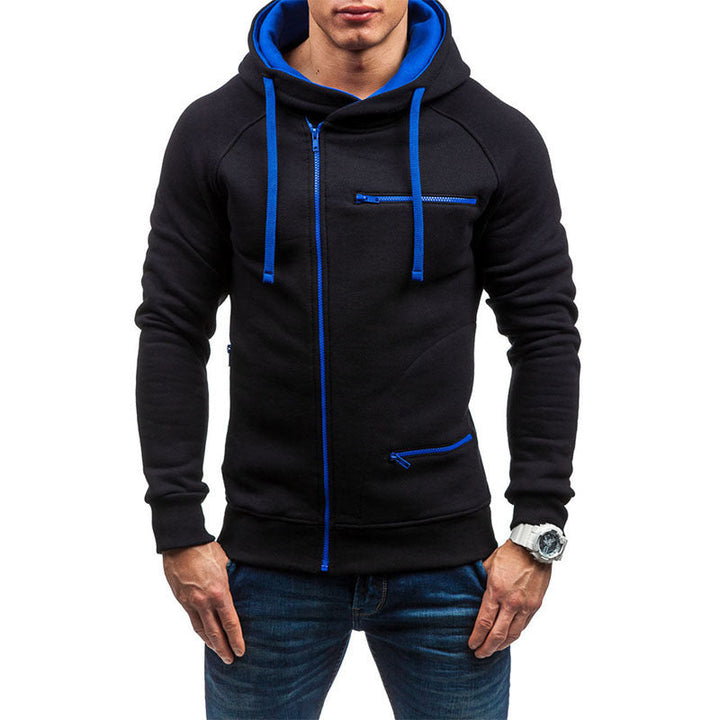 Men's Hooded Jacket with Asymmetrical Zipper and Multiple Zippered Pockets