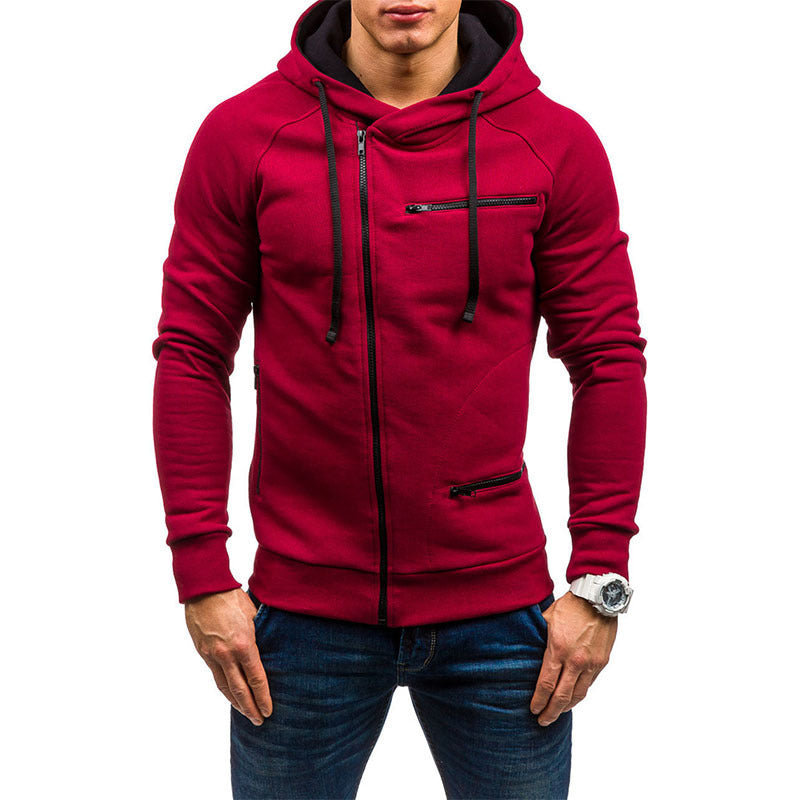 Men's Hooded Jacket with Asymmetrical Zipper and Multiple Zippered Pockets