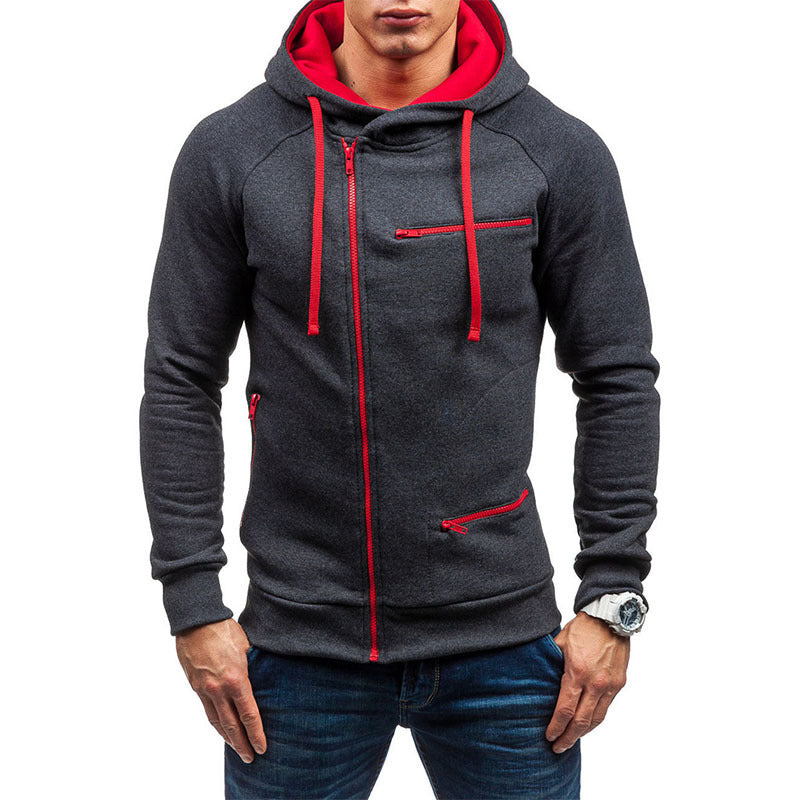 Men's Hooded Jacket with Asymmetrical Zipper and Multiple Zippered Pockets